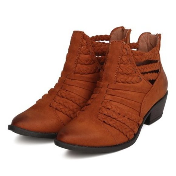 Qupid Shoes - Qupid Almond Toe Braided Strappy Low Chunky Heel Chestnut Ankle Boot